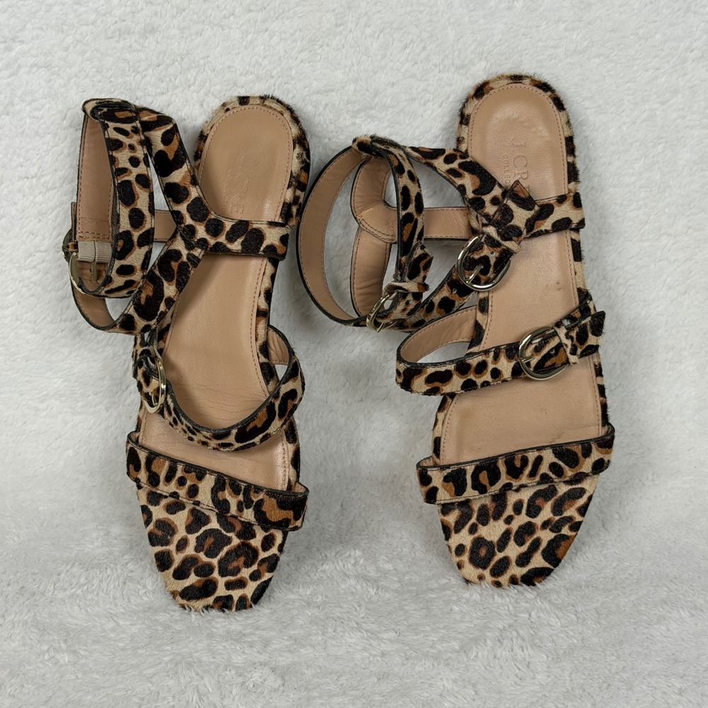 J.Crew Collection Flat Sandals Womens 9 Brown Leopard Print Calf Hair Strappy